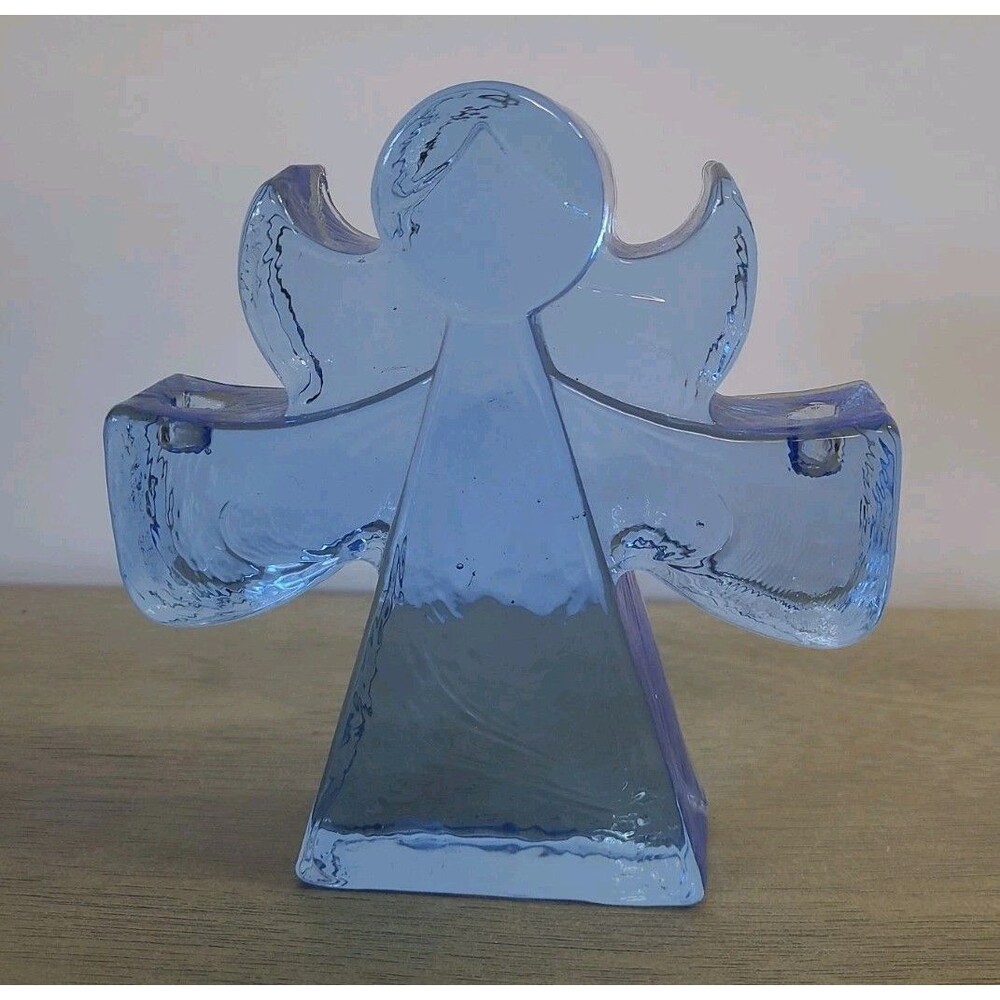 Textured Ice Block Blue Glass Angel Candleholder 5.75